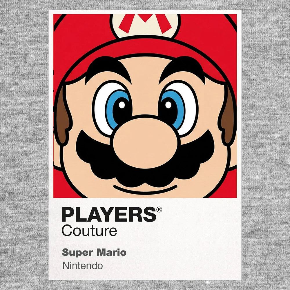 Super Mario Colour Frame Men's Hoodie – grey close-up detail shot of the Super Mario Colour Players Couture logo design