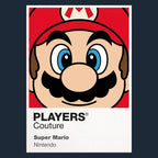 Super Mario Colour Frame Men's Hoodie – navy close-up detail shot of the Super Mario Players Couture logo design