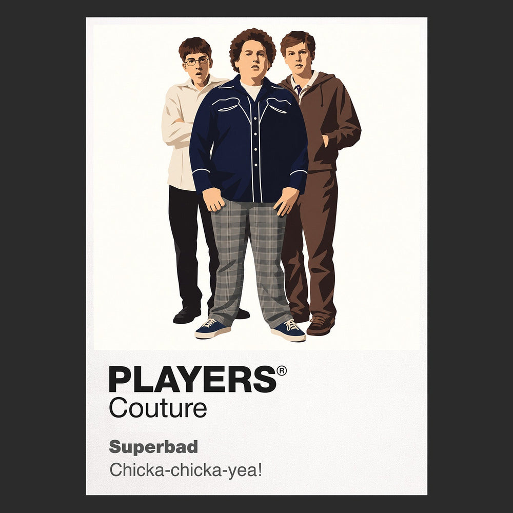 Superbad Seth, Evan and Fogell navigating one final school party with the unforgettable McLovin identity card Icon Frame artwork in black