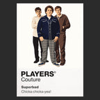 Superbad Seth, Evan and Fogell navigating one final school party with the unforgettable McLovin identity card Icon Frame artwork in black