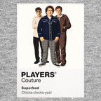 Superbad Seth, Evan and Fogell navigating one final school party with the unforgettable McLovin identity card Icon Frame artwork in grey