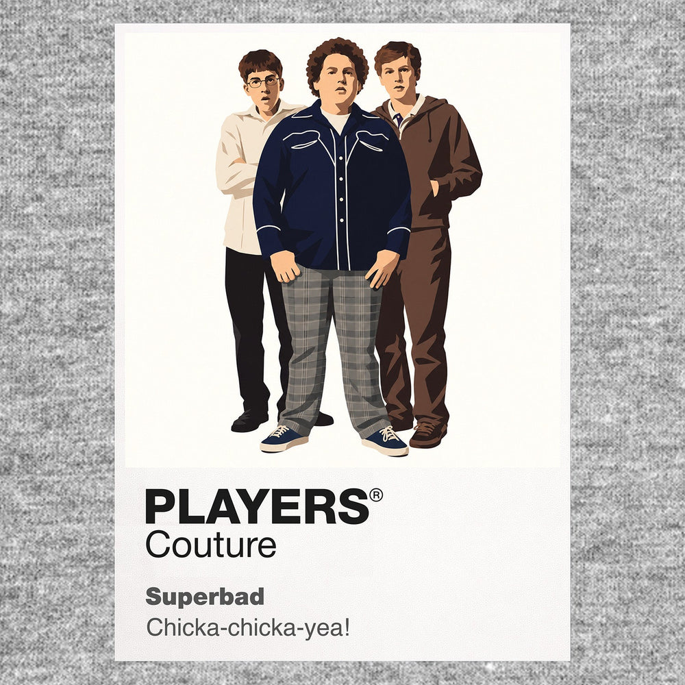 Superbad Seth, Evan and Fogell navigating one final school party with the unforgettable McLovin identity card Icon Frame artwork in grey
