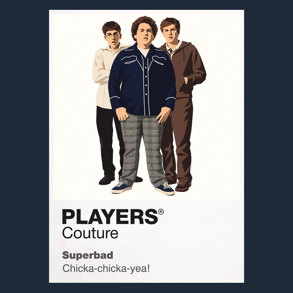 Superbad Seth, Evan and Fogell navigating one final school party with the unforgettable McLovin identity card Icon Frame artwork in navy