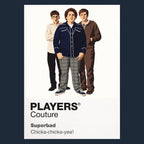 Superbad Seth, Evan and Fogell navigating one final school party with the unforgettable McLovin identity card Icon Frame artwork in navy