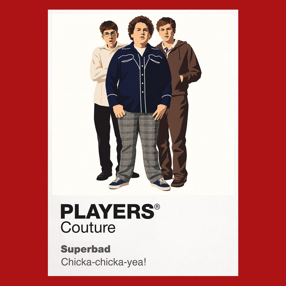 Superbad Seth, Evan and Fogell navigating one final school party with the unforgettable McLovin identity card Icon Frame artwork in red