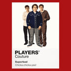 Superbad Seth, Evan and Fogell navigating one final school party with the unforgettable McLovin identity card Icon Frame artwork in red