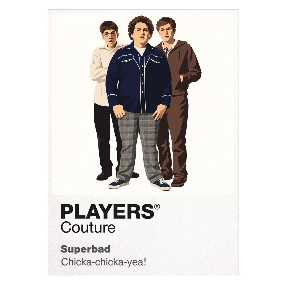 Superbad Seth, Evan and Fogell navigating one final school party with the unforgettable McLovin identity card Icon Frame artwork on white