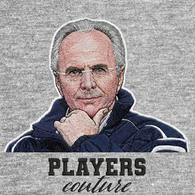 Sven Goran Eriksson Badge Men's Hoodie – grey close-up detail shot of the Sven Goran Eriksson Players Couture logo design