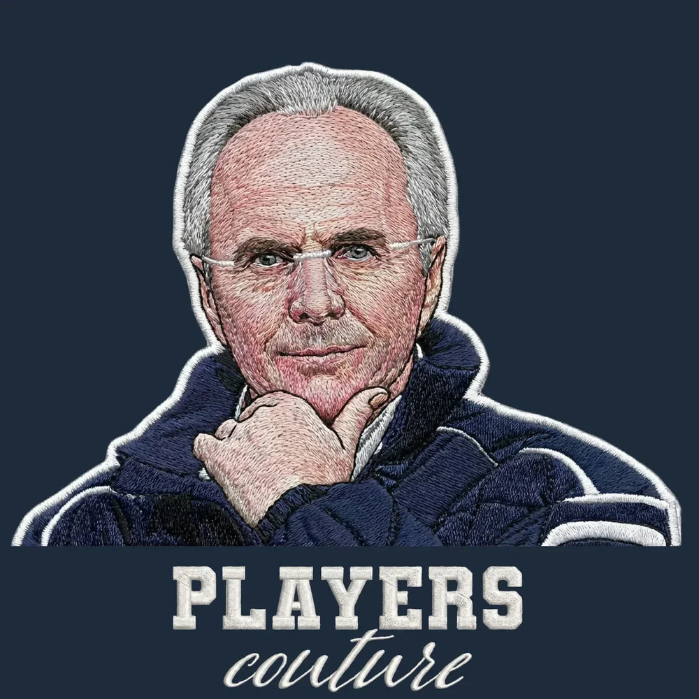 Sven Goran Eriksson Badge Men's Hoodie – navy close-up detail shot of the Sven Goran Eriksson Players Couture logo design