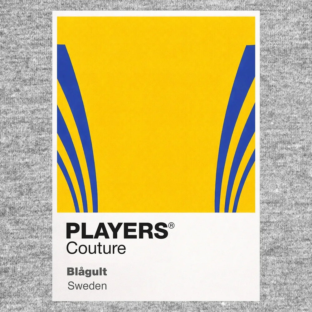 Sweden Classic Football Shirt Colours Frame Men's T-Shirt – grey close-up detail shot of the Sweden Players Couture logo