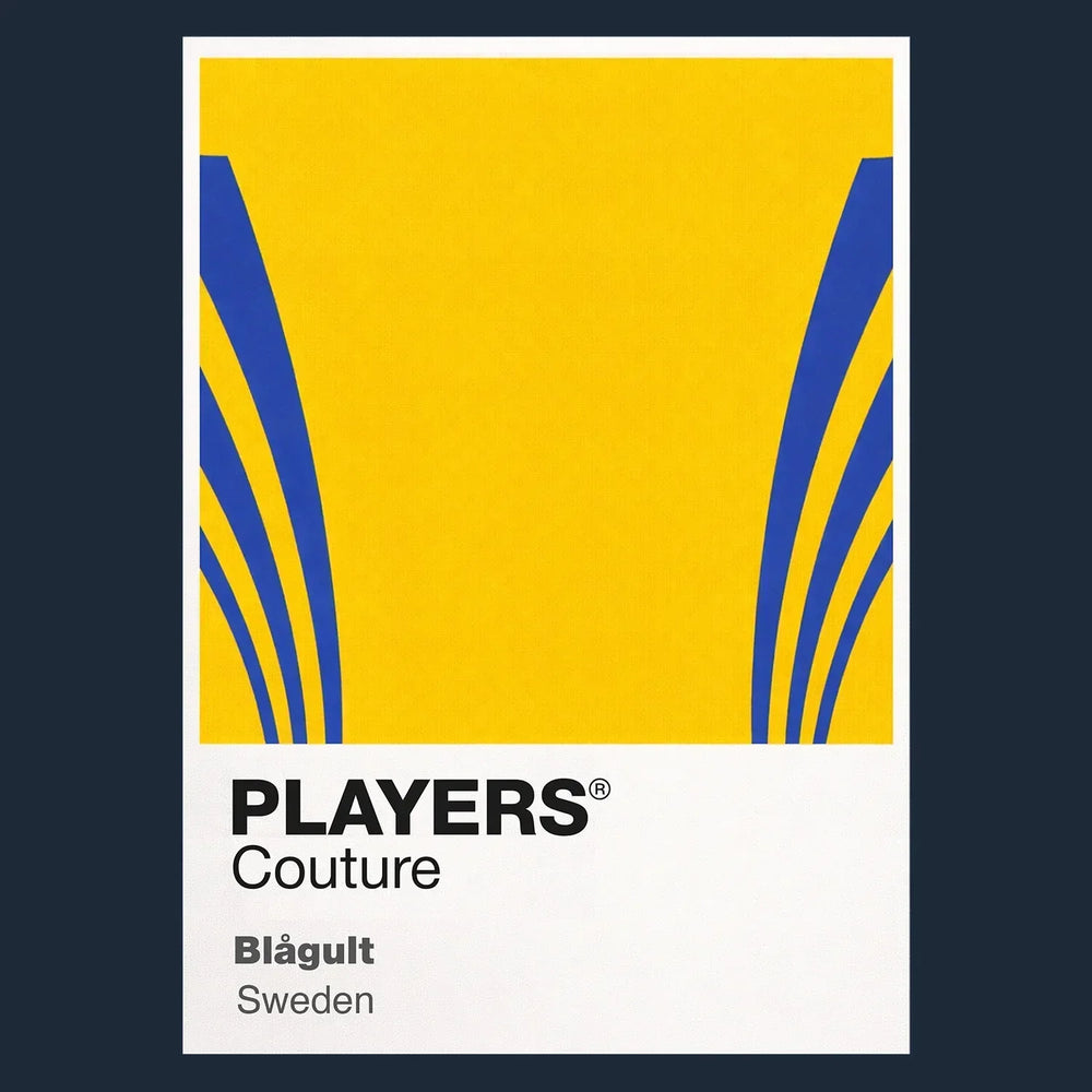 Sweden Classic Football Shirt Colours Frame Men's T-Shirt – navy close-up detail shot of the Sweden Players Couture logo