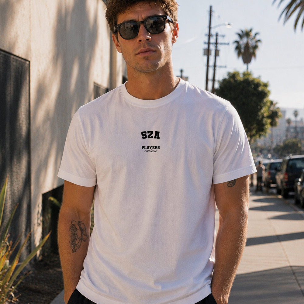 SZA Men's T-Shirt — lifestyle photo, White t-shirt