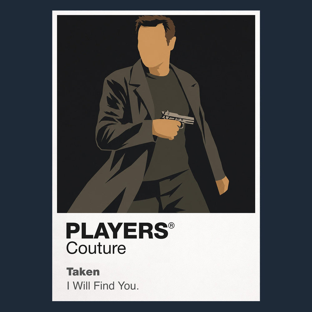 Taken Bryan Mills on the telephone, combining a calm warning with the focused stance of a former intelligence operative Icon Frame artwork in navy