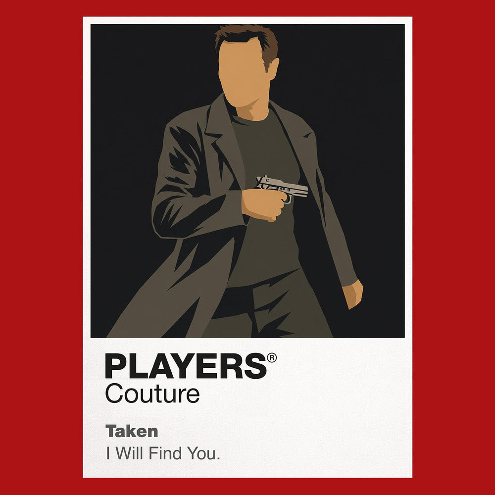 Taken Bryan Mills on the telephone, combining a calm warning with the focused stance of a former intelligence operative Icon Frame artwork in red