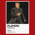 Taken Bryan Mills on the telephone, combining a calm warning with the focused stance of a former intelligence operative Icon Frame artwork in red