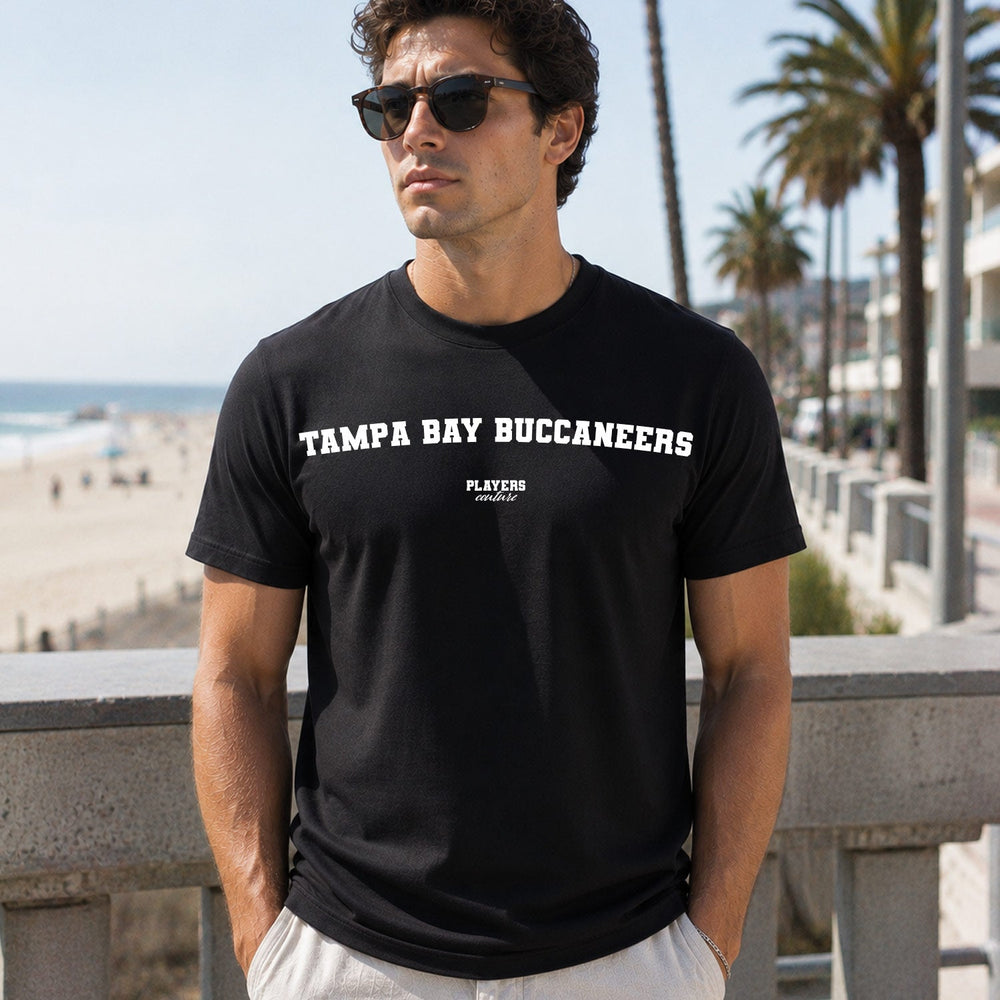 Tampa Bay Buccaneers Men's T-Shirt — lifestyle photo, Black t-shirt