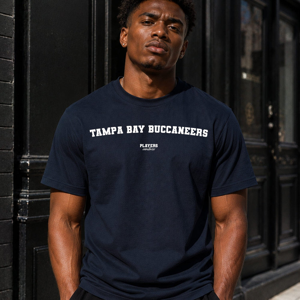 Tampa Bay Buccaneers Men's T-Shirt — lifestyle photo, Navy t-shirt