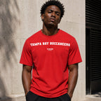 Tampa Bay Buccaneers Men's T-Shirt — lifestyle photo, Red t-shirt