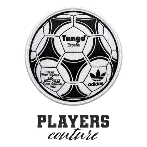 World Cup Tango Ball Badge Men's Hoodie – black close-up detail shot of the World Cup Tango Ball Players Couture logo design