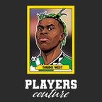 Taribo West World Cup Sticker Men's T-Shirt – black close-up detail shot of the Taribo West World Cup Players Couture logo