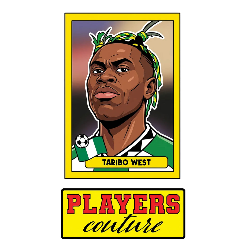 Taribo West World Cup Sticker Men's T-Shirt – close-up detail shot of the Taribo West World Cup Players Couture logo design