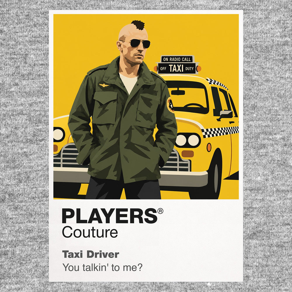 Taxi Driver Travis Bickle in his taxi and military jacket against the rain, neon and isolation of 1970s New York Icon Frame artwork in grey