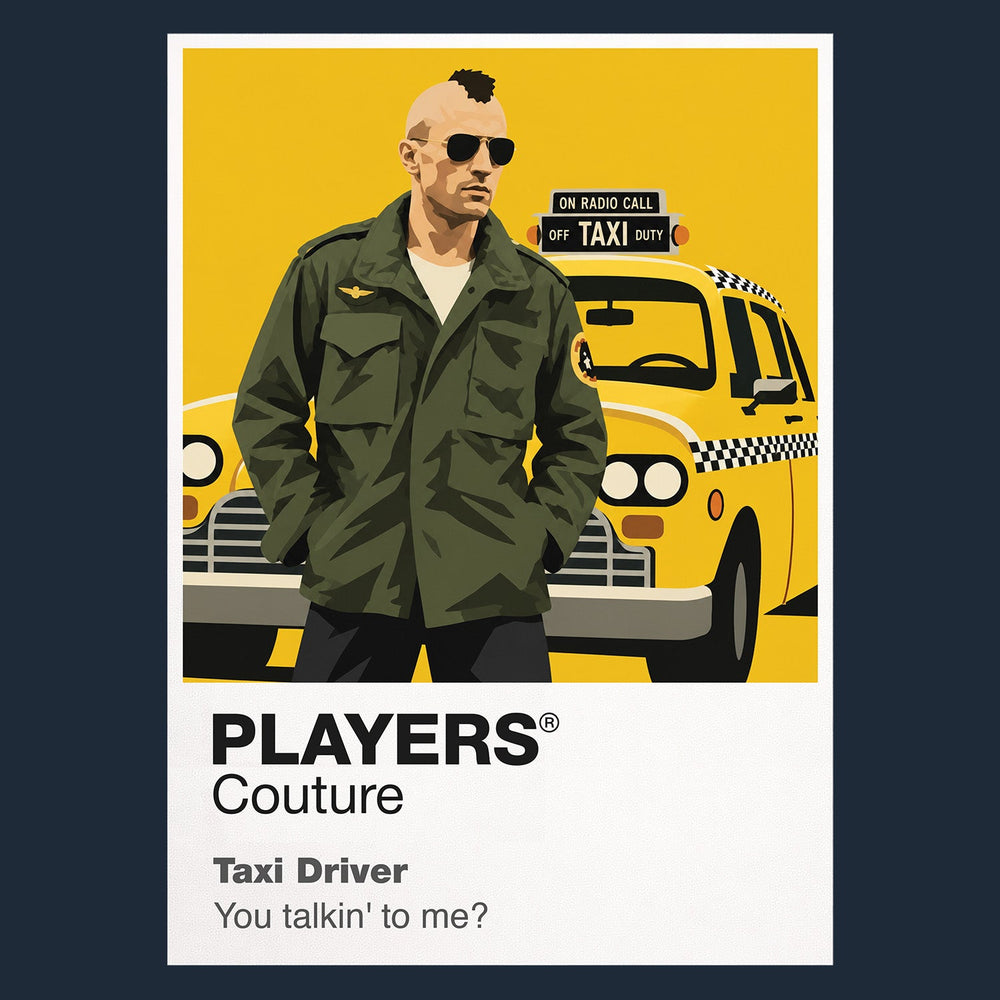 Taxi Driver Travis Bickle in his taxi and military jacket against the rain, neon and isolation of 1970s New York Icon Frame artwork in navy