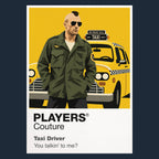 Taxi Driver Travis Bickle in his taxi and military jacket against the rain, neon and isolation of 1970s New York Icon Frame artwork in navy