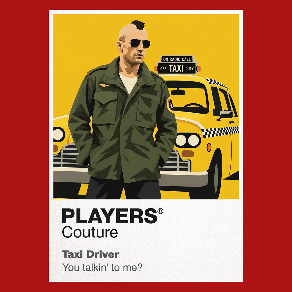 Taxi Driver Travis Bickle in his taxi and military jacket against the rain, neon and isolation of 1970s New York Icon Frame artwork in red