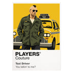 Taxi Driver Travis Bickle in his taxi and military jacket against the rain, neon and isolation of 1970s New York Icon Frame artwork on white