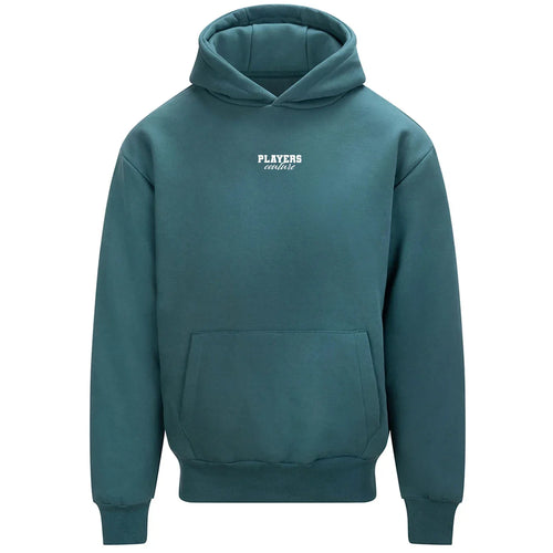 Essentials Collection hoodie – teal men's hoodie with white Essentials Collection letters and Players Couture logo on the