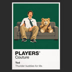 Ted John Bennett and his foul-mouthed childhood teddy bear sharing the sofa as inseparable adult friends Icon Frame artwork in black