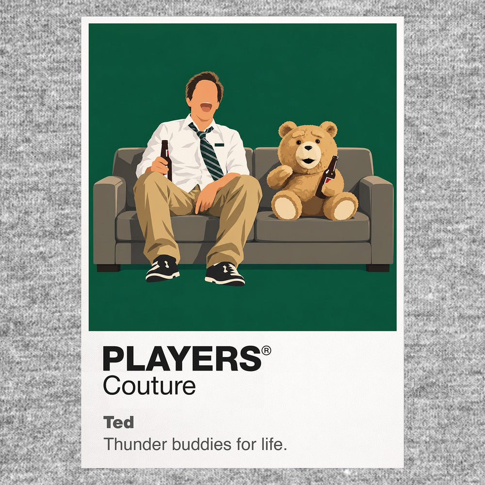 Ted John Bennett and his foul-mouthed childhood teddy bear sharing the sofa as inseparable adult friends Icon Frame artwork in grey