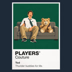 Ted John Bennett and his foul-mouthed childhood teddy bear sharing the sofa as inseparable adult friends Icon Frame artwork in navy