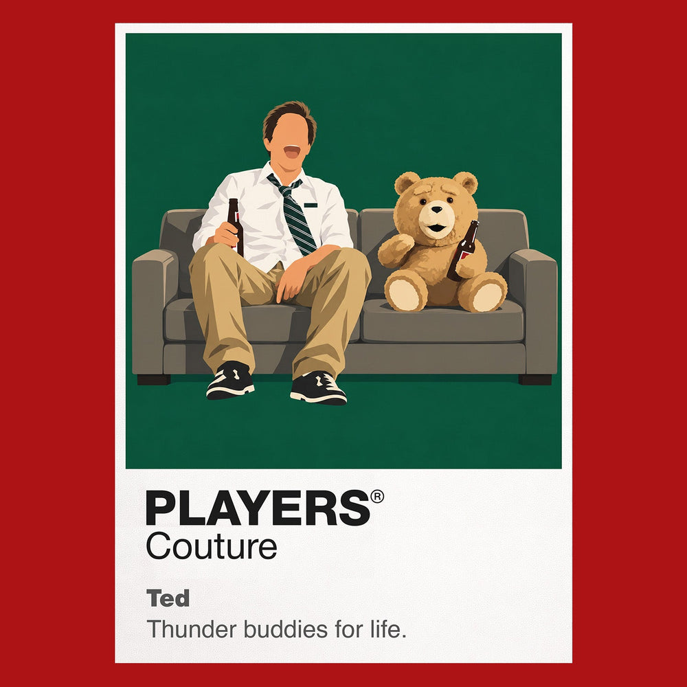 Ted John Bennett and his foul-mouthed childhood teddy bear sharing the sofa as inseparable adult friends Icon Frame artwork in red