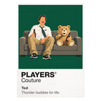 Ted John Bennett and his foul-mouthed childhood teddy bear sharing the sofa as inseparable adult friends Icon Frame artwork on white