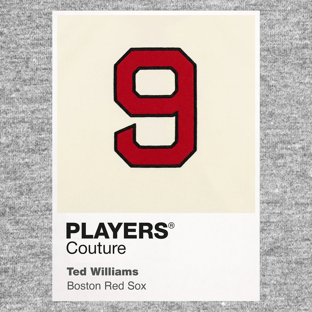 Ted Williams 9 Jersey Frame Men's T-Shirt – grey close-up detail shot of the Ted Williams 9 Players Couture logo design