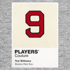 Ted Williams 9 Jersey Frame Men's T-Shirt – grey close-up detail shot of the Ted Williams 9 Players Couture logo design