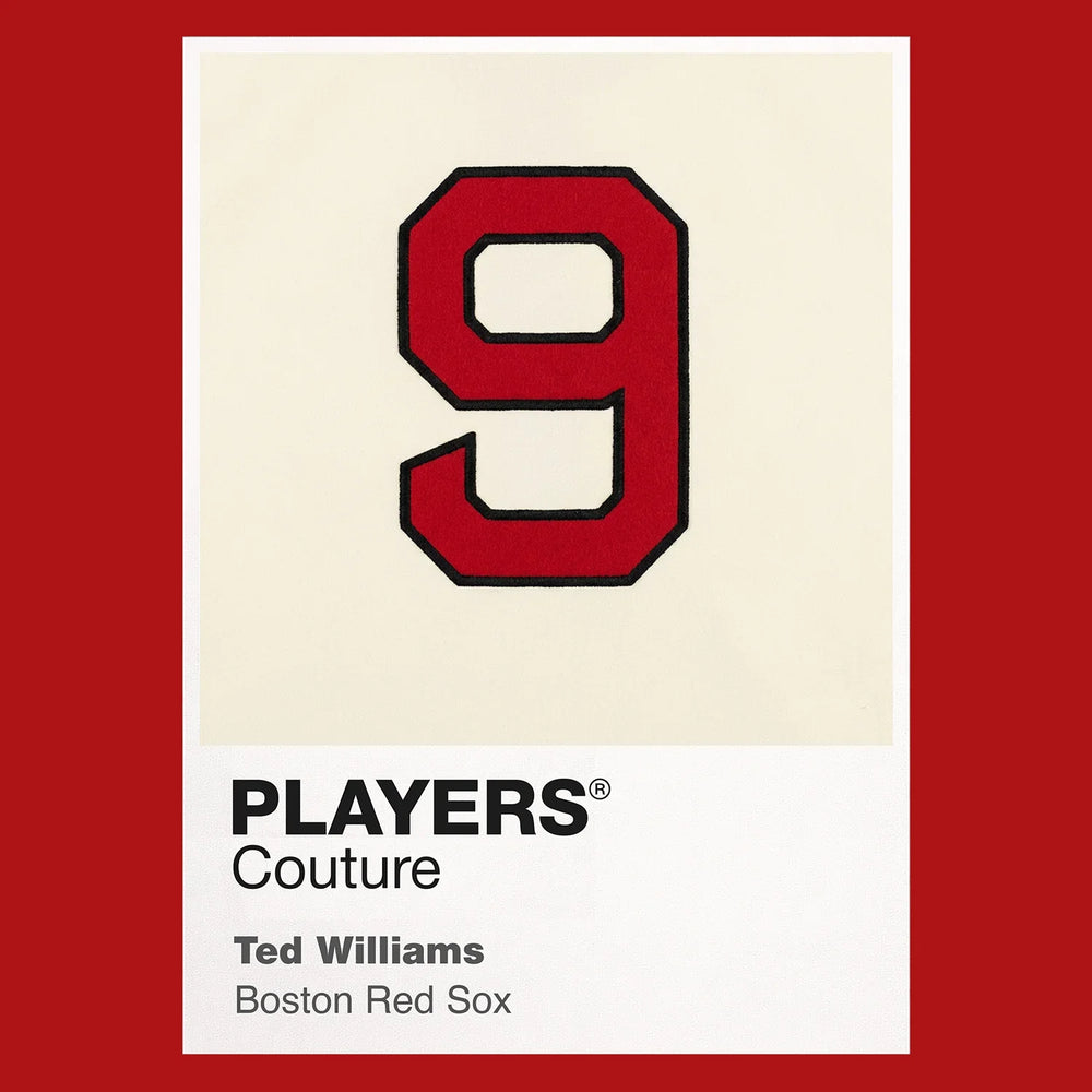 Ted Williams 9 Jersey Frame Men's T-Shirt – red close-up detail shot of the Ted Williams 9 Players Couture logo design