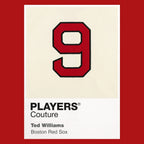 Ted Williams 9 Jersey Frame Men's T-Shirt – red close-up detail shot of the Ted Williams 9 Players Couture logo design