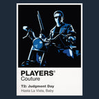 Terminator 2 the T-800 in leather and sunglasses protecting John Connor against the liquid-metal T-1000 Icon Frame artwork in navy