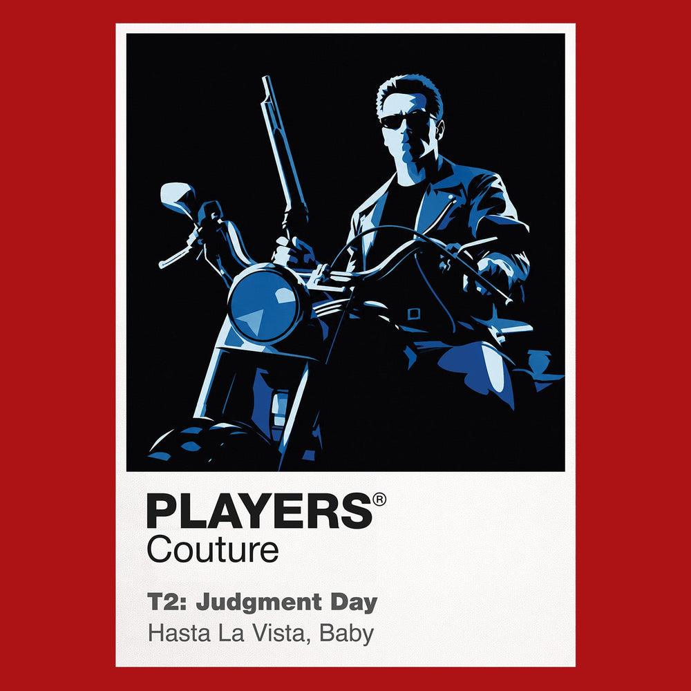 Terminator 2 the T-800 in leather and sunglasses protecting John Connor against the liquid-metal T-1000 Icon Frame artwork in red