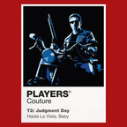 Terminator 2 the T-800 in leather and sunglasses protecting John Connor against the liquid-metal T-1000 Icon Frame artwork in red