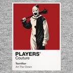Terrifier Art the Clown's monochrome costume, tiny hat and silent grin emerging from the darkness Icon Frame artwork in grey
