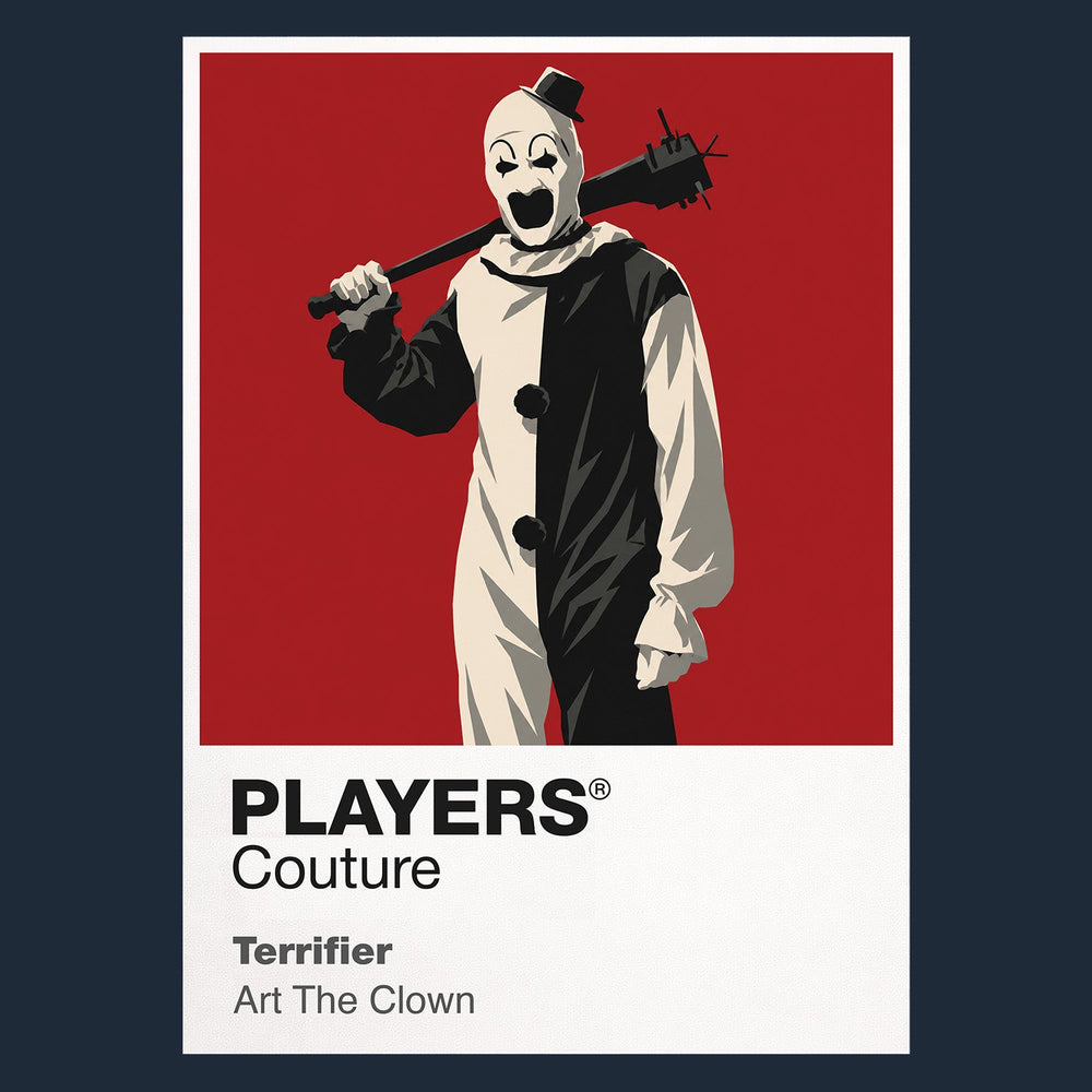 Terrifier Art the Clown's monochrome costume, tiny hat and silent grin emerging from the darkness Icon Frame artwork in navy