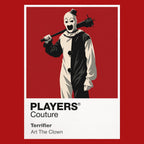 Terrifier Art the Clown's monochrome costume, tiny hat and silent grin emerging from the darkness Icon Frame artwork in red