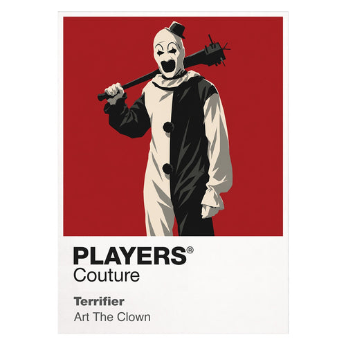 Terrifier Art the Clown's monochrome costume, tiny hat and silent grin emerging from the darkness Icon Frame artwork on white
