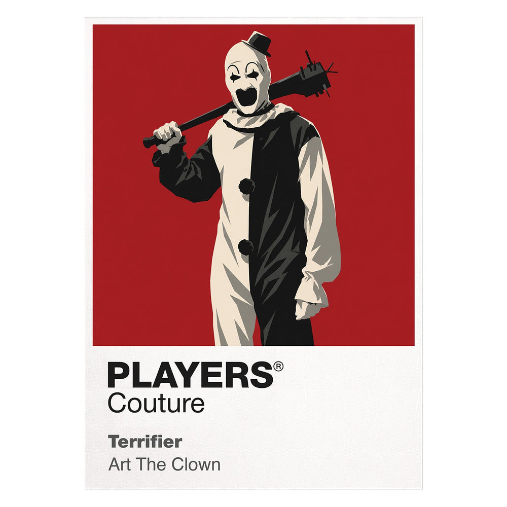 Terrifier Art the Clown's monochrome costume, tiny hat and silent grin emerging from the darkness Icon Frame artwork on white