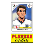 Terry Butcher World Cup Sticker Men's T-Shirt – close-up detail shot of the Terry Butcher World Cup Players Couture logo