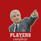 Terry Venables Badge Men's Hoodie – red close-up detail shot of the Terry Venables Players Couture logo design